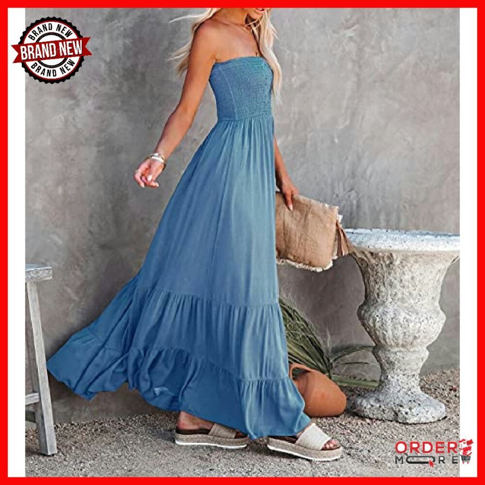Cotton Strapless Maxi Dress Smocked Top Flowy Boho Summer Beach - Picture 3 of 8